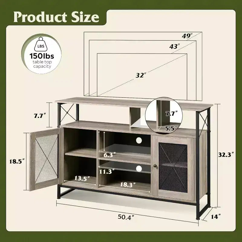 Meuble TV pour téléviseur 55 pouces, meuble de divertissement haut avec rangements, console TV industrielle pour chambre à coucher et salon