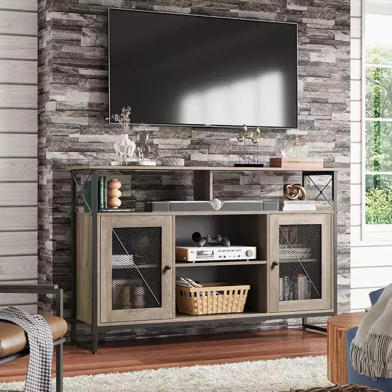 Meuble TV pour téléviseur 55 pouces, meuble de divertissement haut avec rangements, console TV industrielle pour chambre à coucher et salon