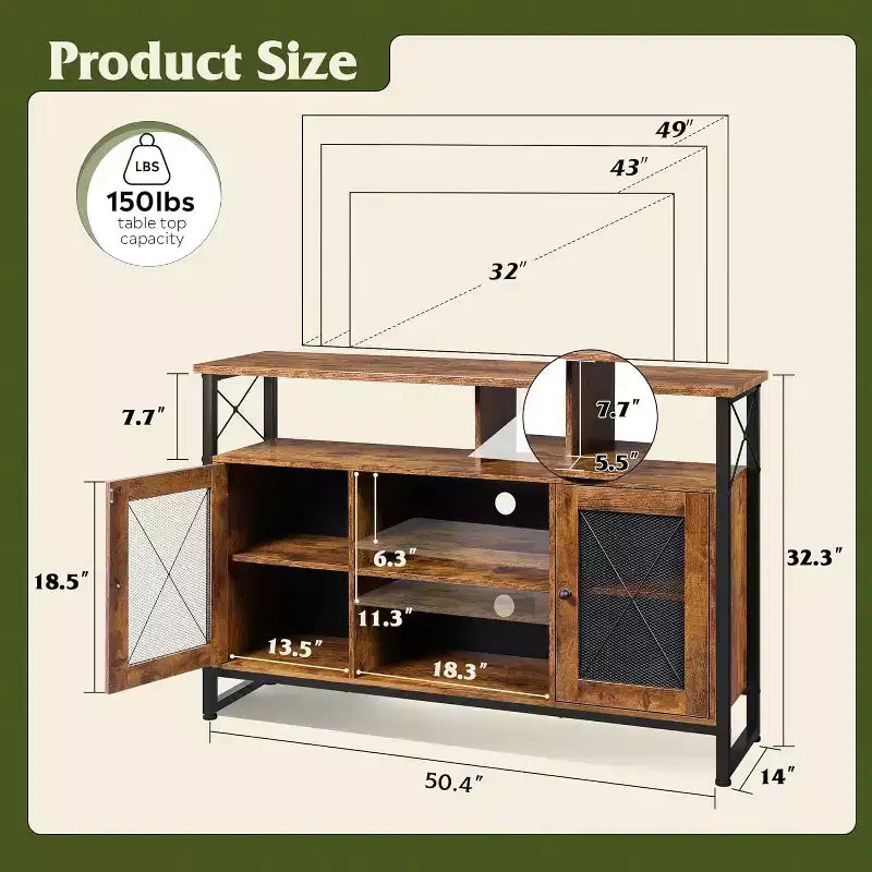 Meuble TV pour téléviseur 55 pouces, meuble de divertissement haut avec rangements, console TV industrielle pour chambre à coucher et salon