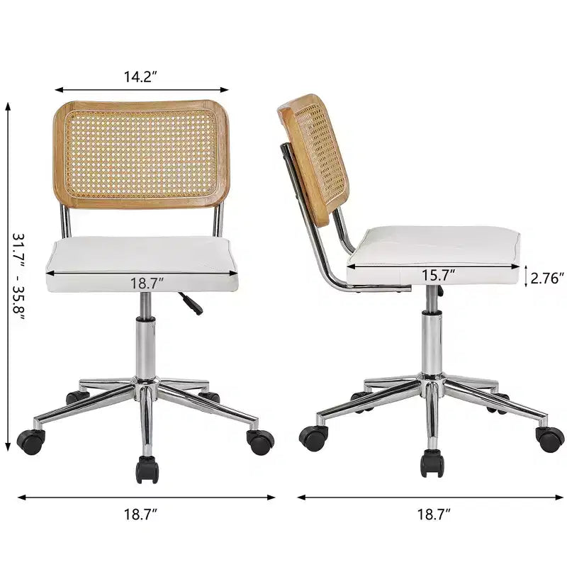Chaise de bureau en cuir PU, Chaise de vanité pivotante réglable en hauteur sans accoudoirs avec roulettes, Chaise de bureau à dossier en rotin pour petits espaces, Noir/Blanc