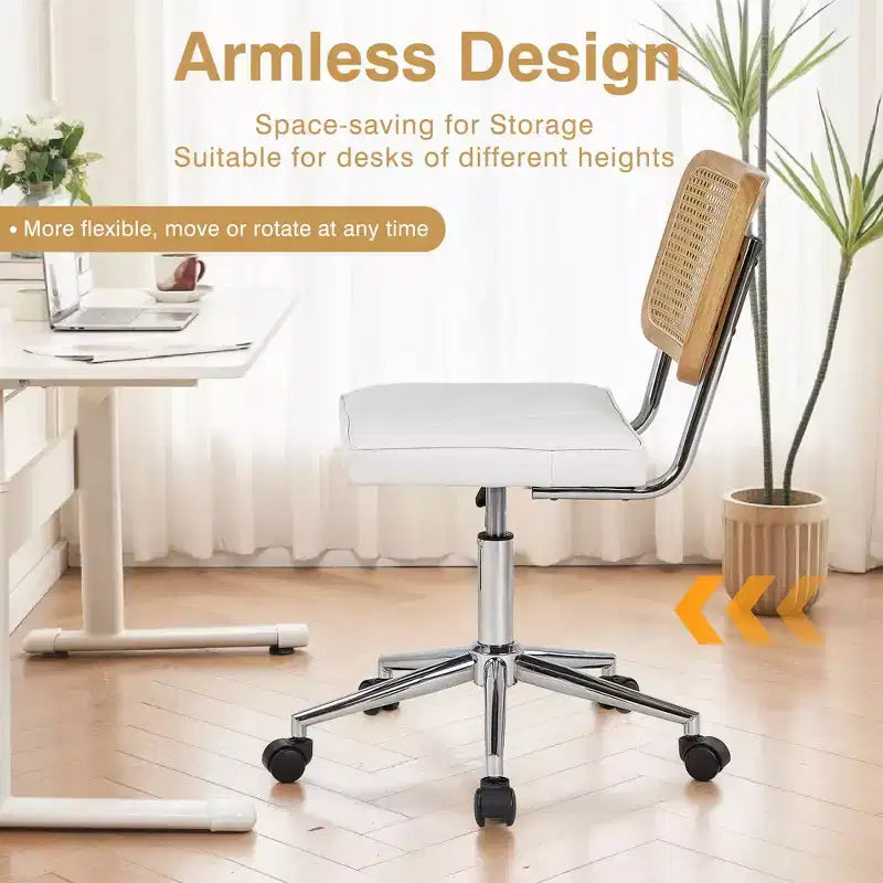Chaise de bureau en cuir PU, Chaise de vanité pivotante réglable en hauteur sans accoudoirs avec roulettes, Chaise de bureau à dossier en rotin pour petits espaces, Noir/Blanc