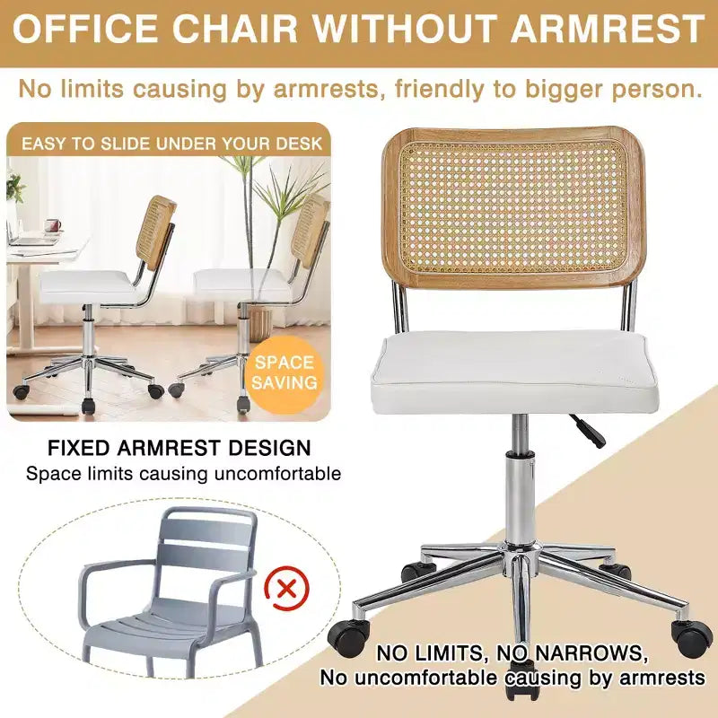 Chaise de bureau en cuir PU, Chaise de vanité pivotante réglable en hauteur sans accoudoirs avec roulettes, Chaise de bureau à dossier en rotin pour petits espaces, Noir/Blanc