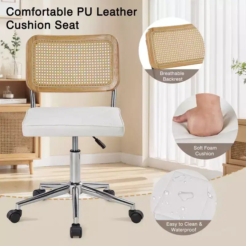 Chaise de bureau en cuir PU, Chaise de vanité pivotante réglable en hauteur sans accoudoirs avec roulettes, Chaise de bureau à dossier en rotin pour petits espaces, Noir/Blanc