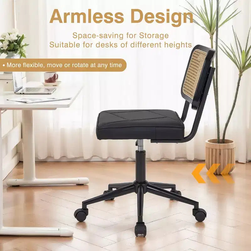 Chaise de bureau en cuir PU, Chaise de vanité pivotante réglable en hauteur sans accoudoirs avec roulettes, Chaise de bureau à dossier en rotin pour petits espaces, Noir/Blanc