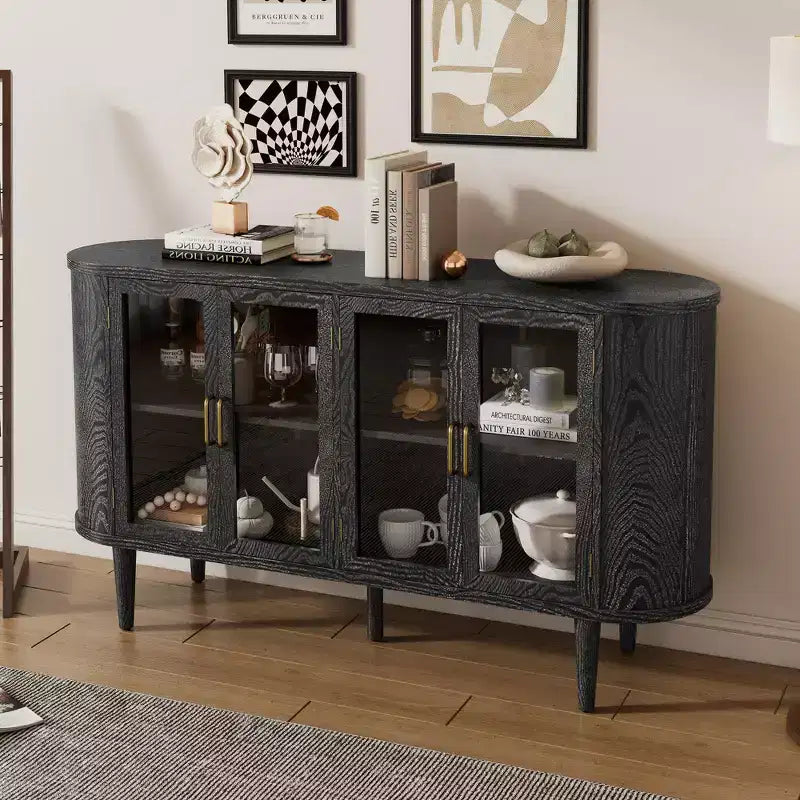 Bahut de rangement de ferme, buffet en bois, armoire d'appoint avec portes en verre et étagères réglables, noir/naturel