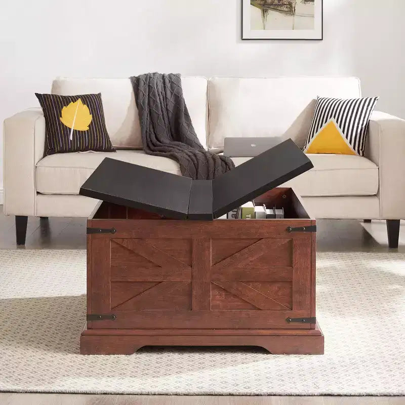 Table basse carrée en bois avec plateau relevable à charnières et rangement