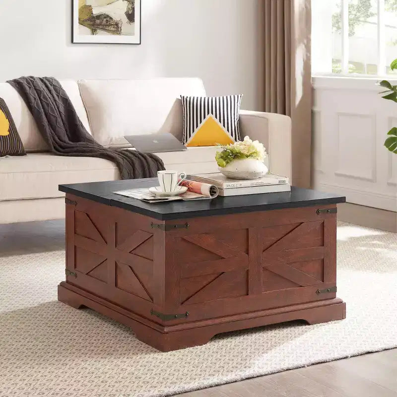 Table basse carrée en bois avec plateau relevable à charnières et rangement