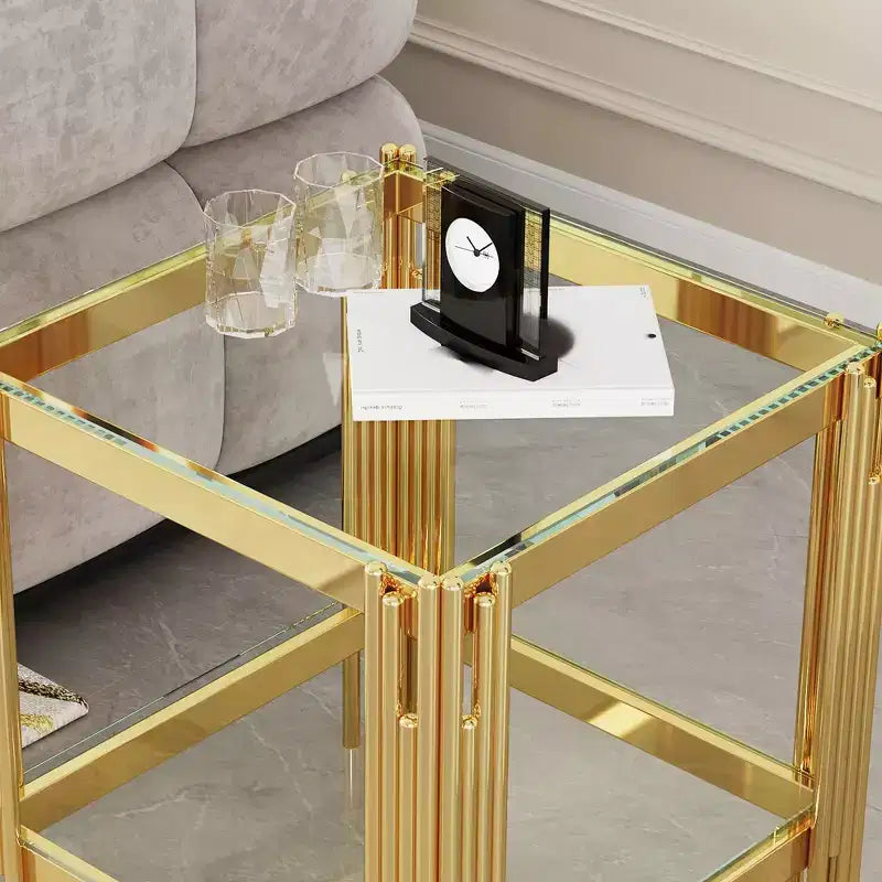 Table basse rectangulaire/carrée avec plateau en verre trempé et structure en acier pour salon/bureau, gain de place