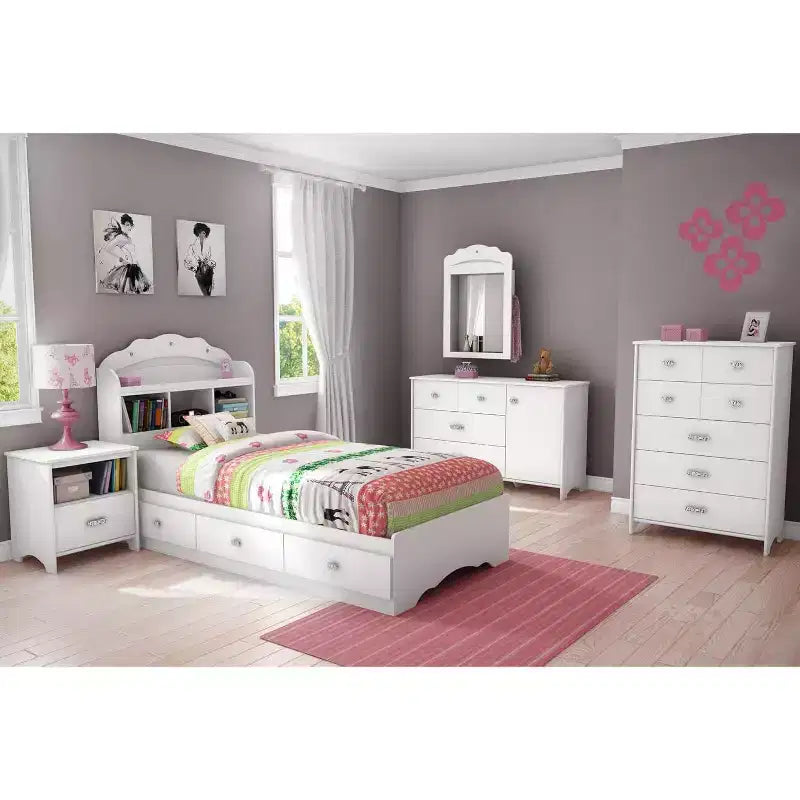 Lit double blanc de 37,46 cm de hauteur avec rangement et cadre en panneaux de particules