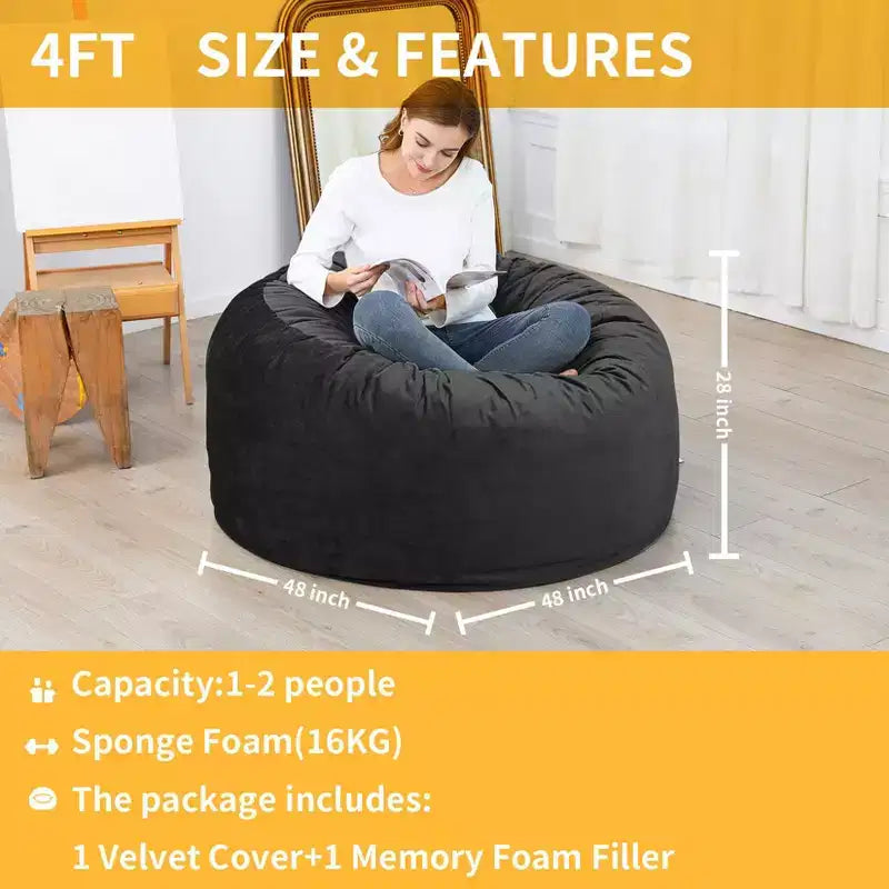 Pouf géant en mousse à mémoire de forme de 120 cm pour adultes, grand canapé avec housse amovible en microfibre moelleuse de 1,2 m