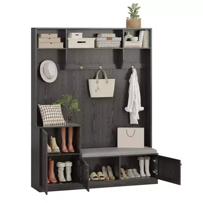 78.8 Hall Tree with Entryway Bench - with 4 Shoe Cubbies, 4 Coat Hooks, 3 Top Open Shelves, Freestanding Cabinet for Hallway Bedroom