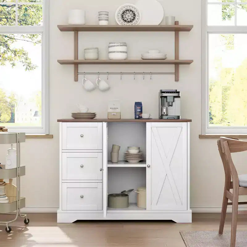Buffet avec rangement, Buffet avec portes, Meuble de bar à café en bois avec 3 tiroirs, Meuble de rangement pour cuisine, salle à manger, salon