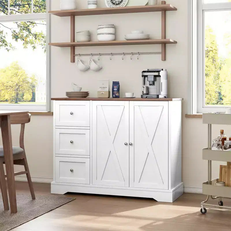 Buffet avec rangement, Buffet avec portes, Meuble de bar à café en bois avec 3 tiroirs, Meuble de rangement pour cuisine, salle à manger, salon