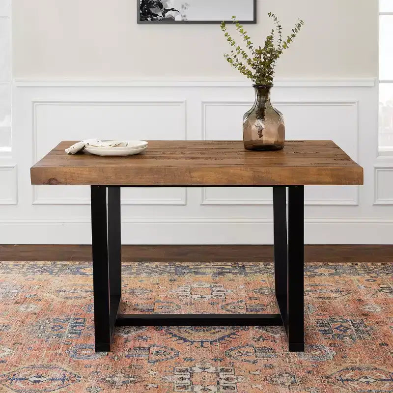 Table à manger moderne en bois massif et métal, style industriel et rustique, 4-6 places, idéale pour la cuisine ou la salle à manger