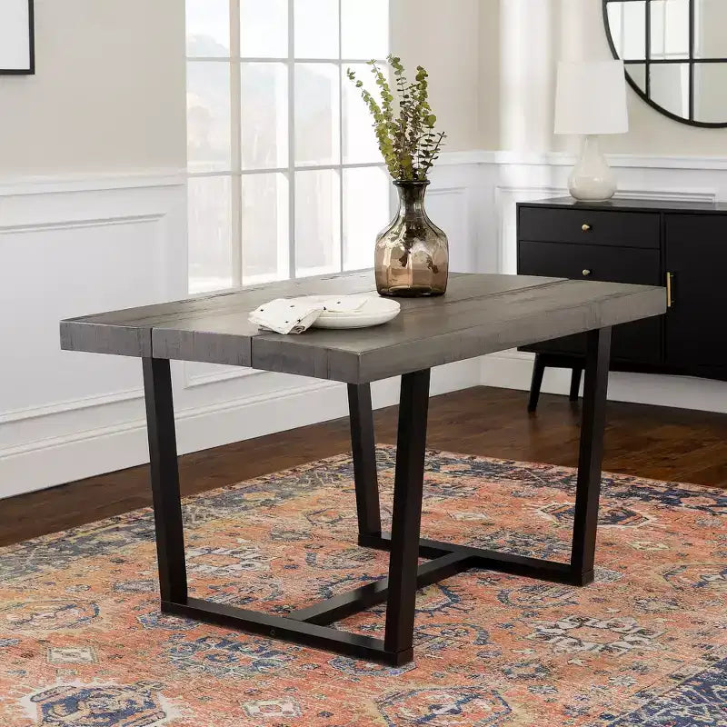 Table à manger moderne en bois massif et métal, style industriel et rustique, 4-6 places, idéale pour la cuisine ou la salle à manger