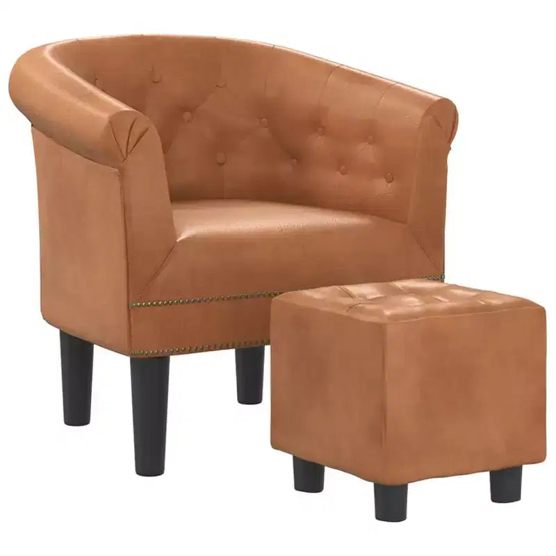 vidaXL Brown Faux Leather Tub Chair with Footstool - Modern Seating for Living Room, Bedroom & Home Office