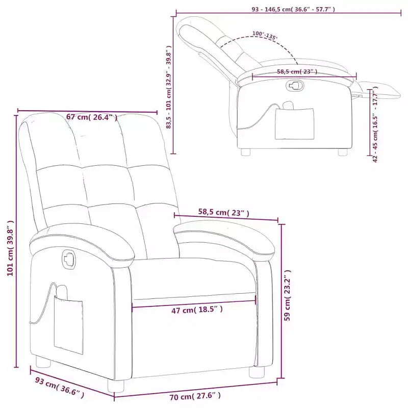 Fauteuil inclinable massant en tissu gris clair – Inclinaison manuelle, vibromasseur pour la maison/salon avec port USB, accoudoir confortable, poche latérale – Gris