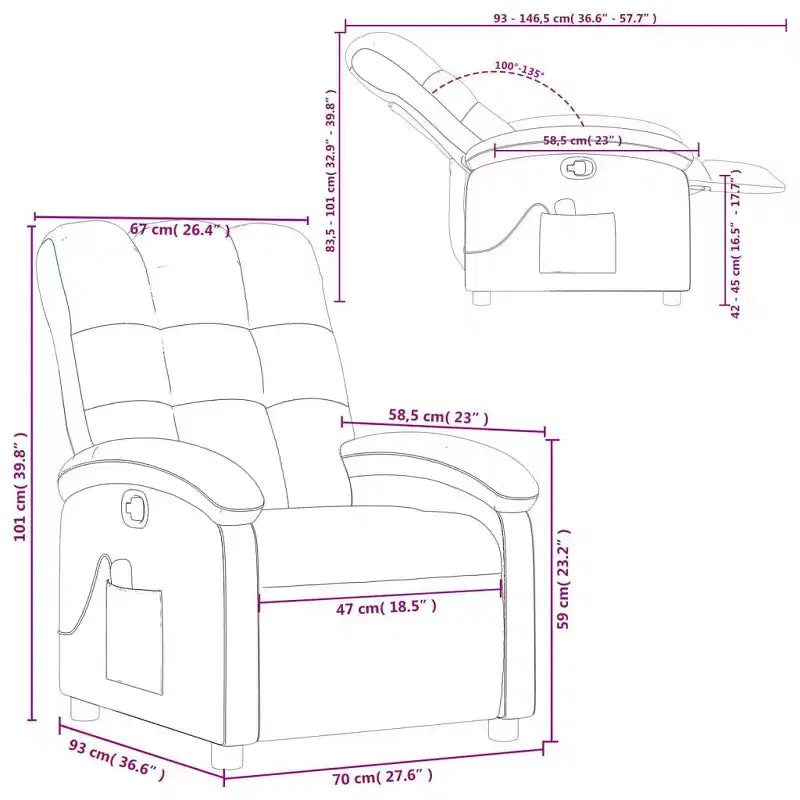 Fauteuil inclinable massant en tissu gris clair – Inclinaison manuelle, vibromasseur pour la maison/salon avec port USB, accoudoir confortable, poche latérale – Gris