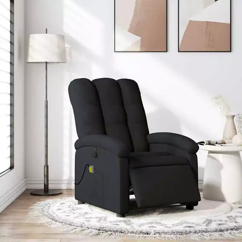 Fauteuil de massage électrique inclinable - Dossier à oreilles, tissu noir, réglage motorisé, 6 points de vibration, fauteuil avec pochette de rangement