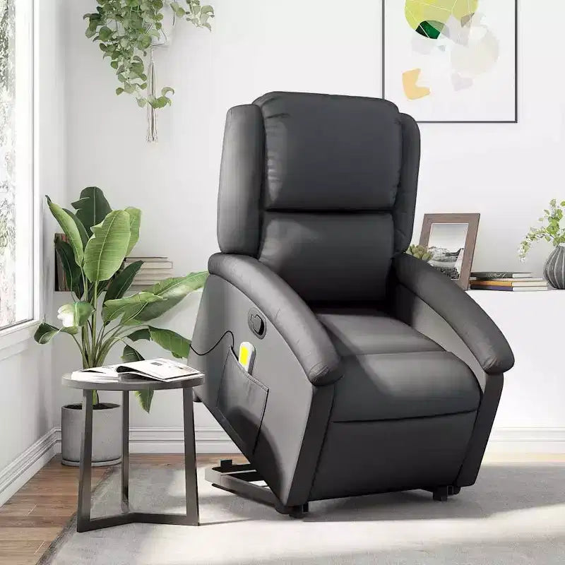 Fauteuil inclinable électrique releveur en cuir noir avec massage et inclinaison manuelle