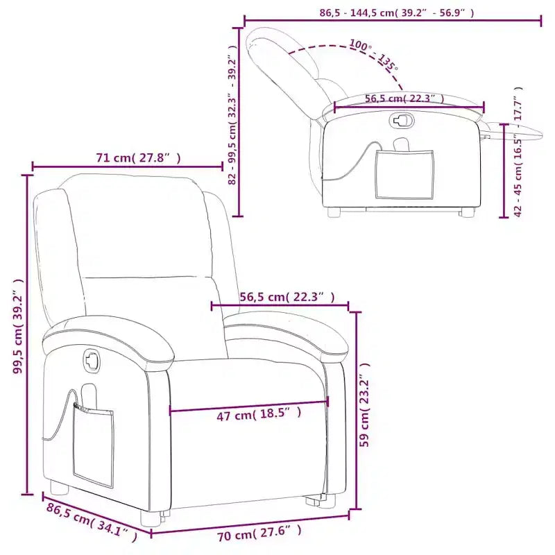 Fauteuil inclinable électrique releveur en cuir noir avec massage et inclinaison manuelle