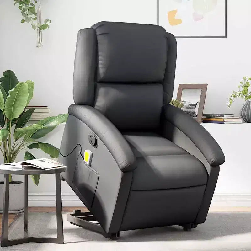 Fauteuil inclinable électrique releveur en cuir noir avec massage et inclinaison manuelle