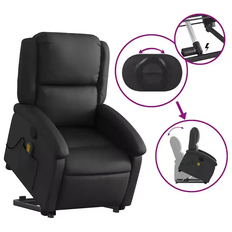 Fauteuil inclinable électrique releveur en cuir noir avec massage et inclinaison manuelle