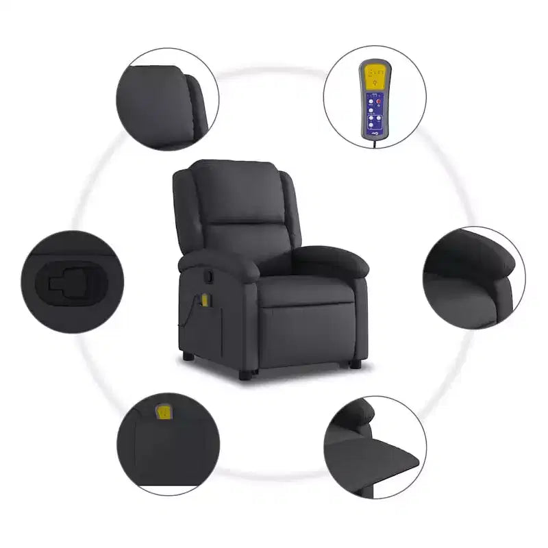 Fauteuil inclinable électrique releveur en cuir noir avec massage et inclinaison manuelle