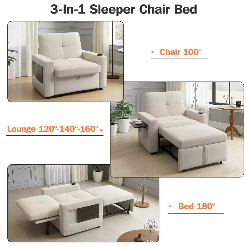 Fauteuil-lit convertible 3-en-1, canapé-lit escamotable blanc
