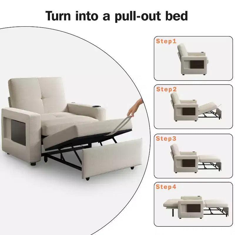 Fauteuil-lit convertible 3-en-1, canapé-lit escamotable blanc
