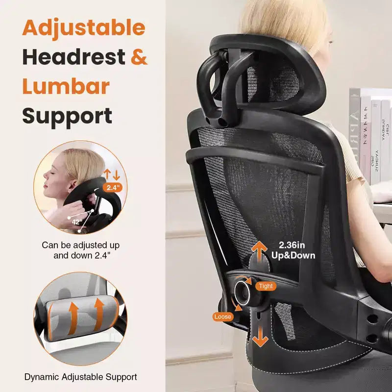 Fauteuil de bureau avec soutien lombaire et appui-tête réglables, chaise d'ordinateur ergonomique en maille avec accoudoirs relevables souples, fauteuil de jeu réglable en hauteur