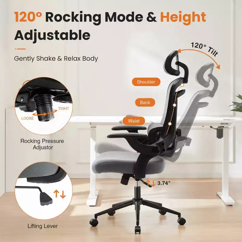 Fauteuil de bureau avec soutien lombaire et appui-tête réglables, chaise d'ordinateur ergonomique en maille avec accoudoirs relevables souples, fauteuil de jeu réglable en hauteur