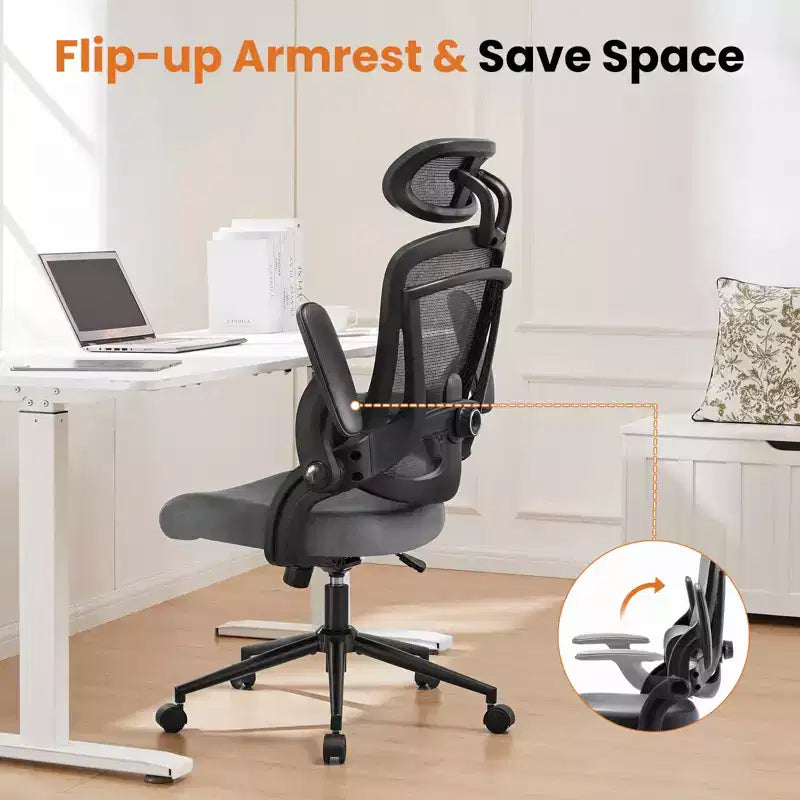Fauteuil de bureau avec soutien lombaire et appui-tête réglables, chaise d'ordinateur ergonomique en maille avec accoudoirs relevables souples, fauteuil de jeu réglable en hauteur