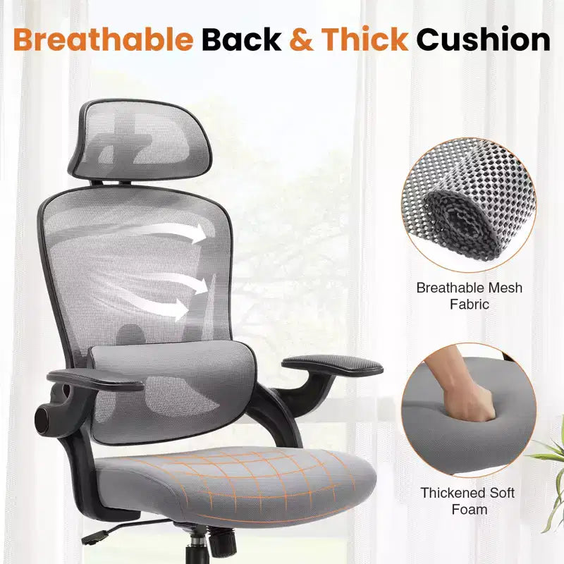 Fauteuil de bureau avec soutien lombaire et appui-tête réglables, chaise d'ordinateur ergonomique en maille avec accoudoirs relevables souples, fauteuil de jeu réglable en hauteur