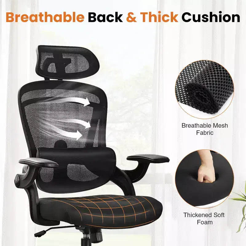 Fauteuil de bureau avec soutien lombaire et appui-tête réglables, chaise d'ordinateur ergonomique en maille avec accoudoirs relevables souples, fauteuil de jeu réglable en hauteur