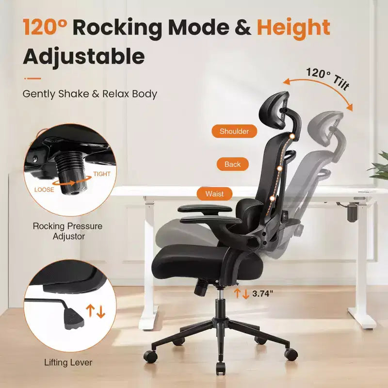 Fauteuil de bureau avec soutien lombaire et appui-tête réglables, chaise d'ordinateur ergonomique en maille avec accoudoirs relevables souples, fauteuil de jeu réglable en hauteur