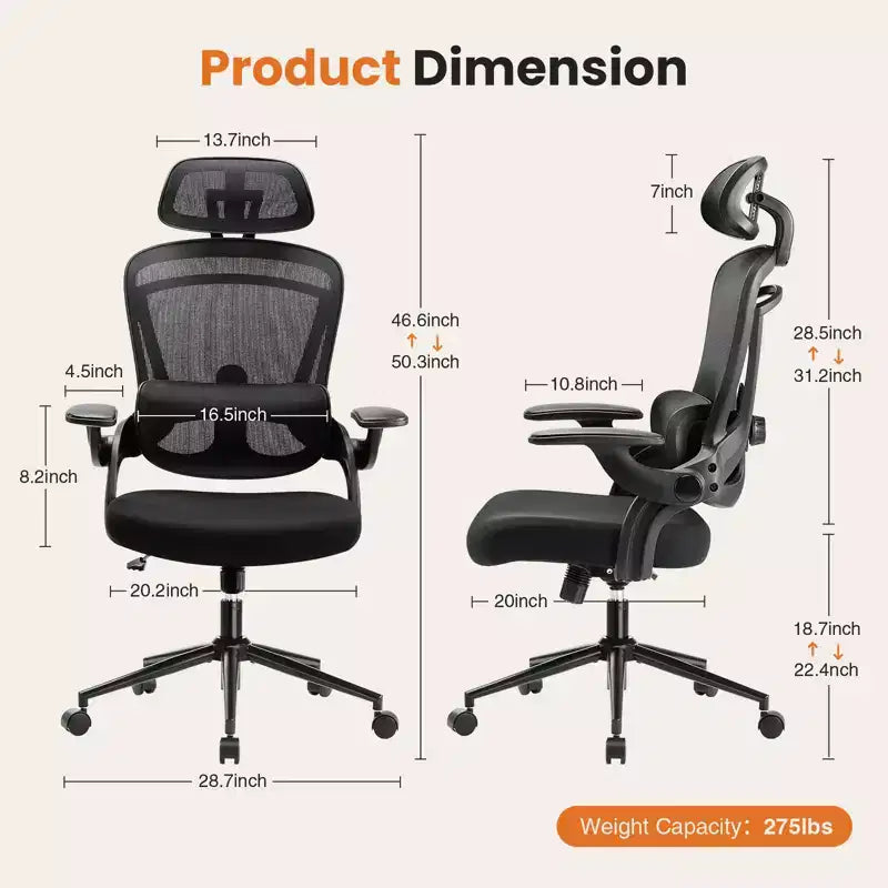 Fauteuil de bureau avec soutien lombaire et appui-tête réglables, chaise d'ordinateur ergonomique en maille avec accoudoirs relevables souples, fauteuil de jeu réglable en hauteur