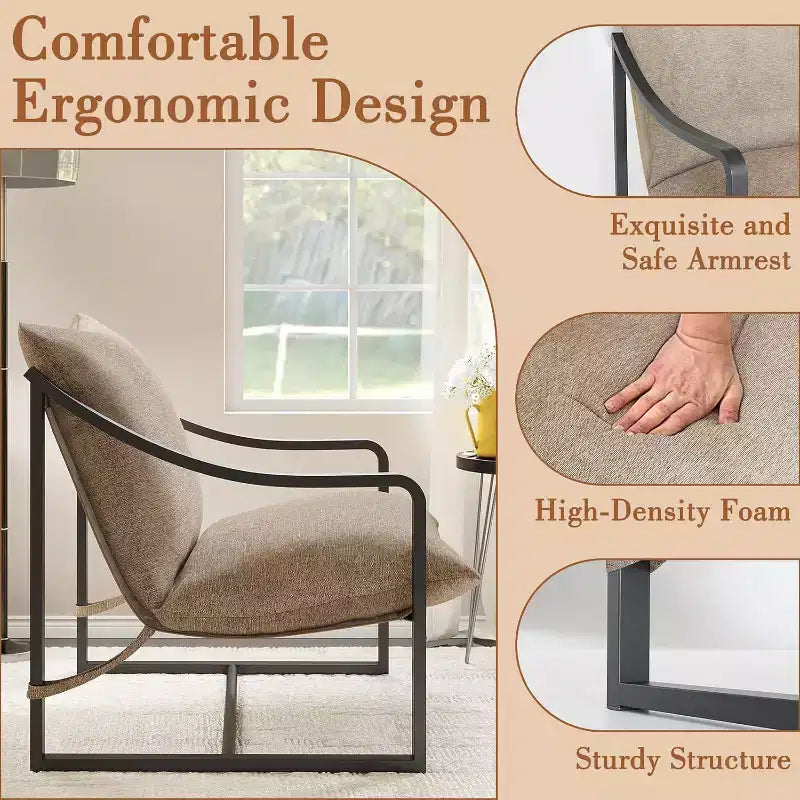 Fauteuil d'appoint moderne, chaise de lecture avec accoudoirs et cadre en métal, coussin en mousse souple, fauteuil rembourré en forme de hamac supportant jusqu'à 127 kg pour salon, chambre à coucher