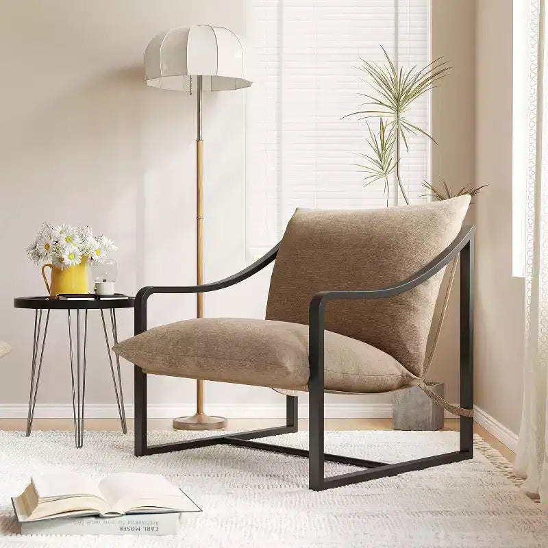 Fauteuil d'appoint moderne, chaise de lecture avec accoudoirs et cadre en métal, coussin en mousse souple, fauteuil rembourré en forme de hamac supportant jusqu'à 127 kg pour salon, chambre à coucher