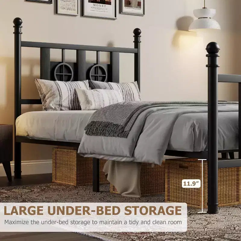 Cadre de lit avec tête et pied de lit vintage, cadre en métal avec rangement sous le lit, pas besoin de sommier tapissier