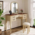 Whisen Vintage Makeup Vanity, Dressing Table with Curved Flower Frame Mirror, 5 Drawers and Leather Stool - Brown & Antique White