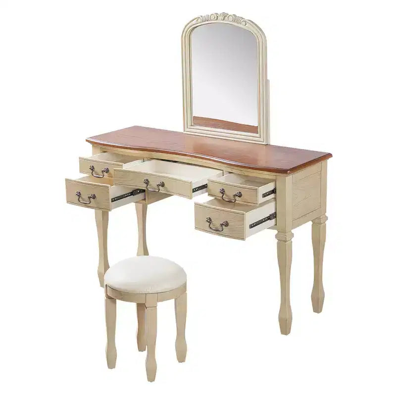 Coiffeuse Vintage avec Miroir à Cadre Floral Courbé, 5 Tiroirs et Tabouret en Cuir - Brun et Blanc Antique