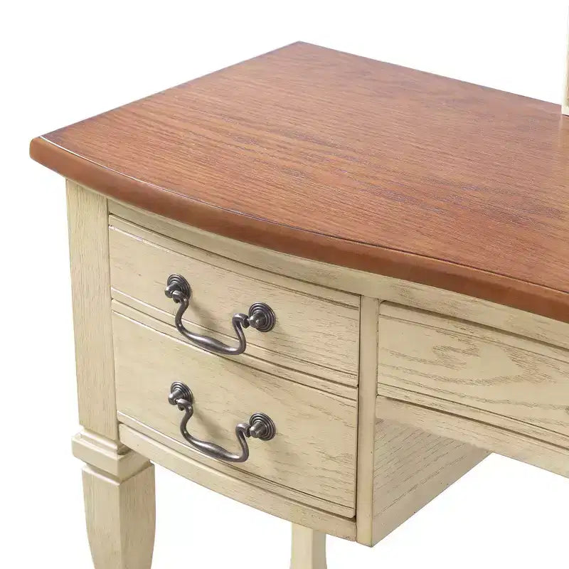 Coiffeuse Vintage avec Miroir à Cadre Floral Courbé, 5 Tiroirs et Tabouret en Cuir - Brun et Blanc Antique