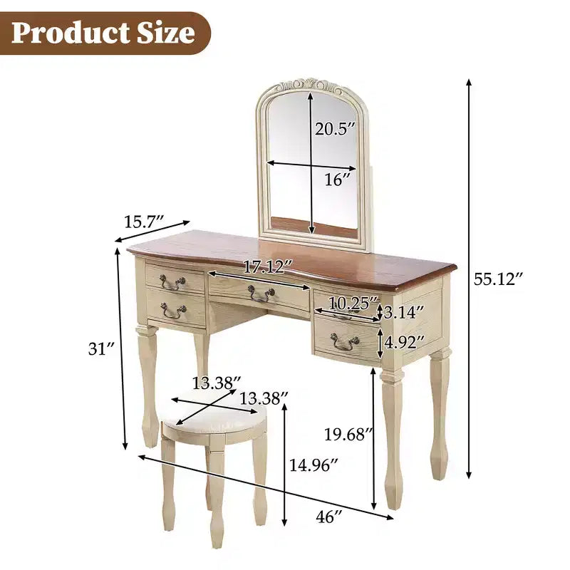 Coiffeuse Vintage avec Miroir à Cadre Floral Courbé, 5 Tiroirs et Tabouret en Cuir - Brun et Blanc Antique