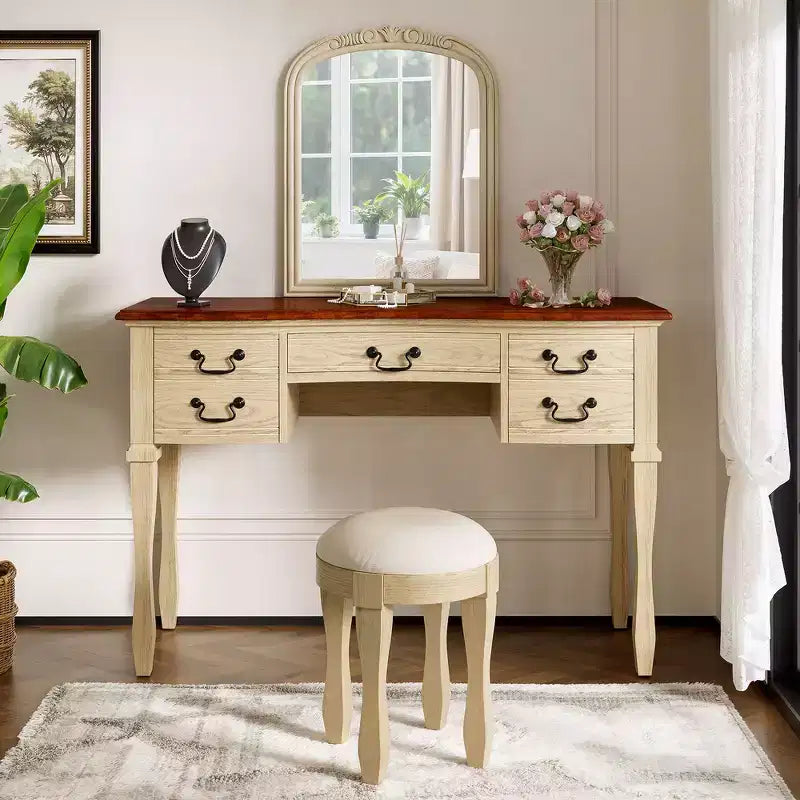 Coiffeuse Vintage avec Miroir à Cadre Floral Courbé, 5 Tiroirs et Tabouret en Cuir - Brun et Blanc Antique
