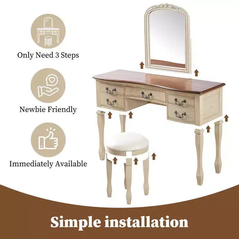Coiffeuse Vintage avec Miroir à Cadre Floral Courbé, 5 Tiroirs et Tabouret en Cuir - Brun et Blanc Antique