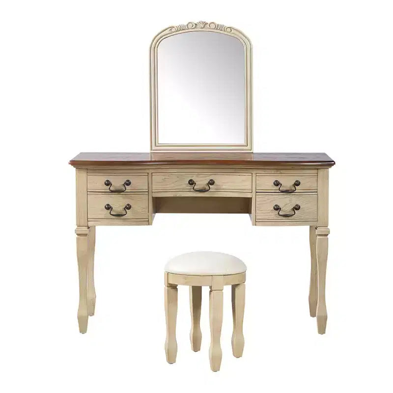 Coiffeuse Vintage avec Miroir à Cadre Floral Courbé, 5 Tiroirs et Tabouret en Cuir - Brun et Blanc Antique