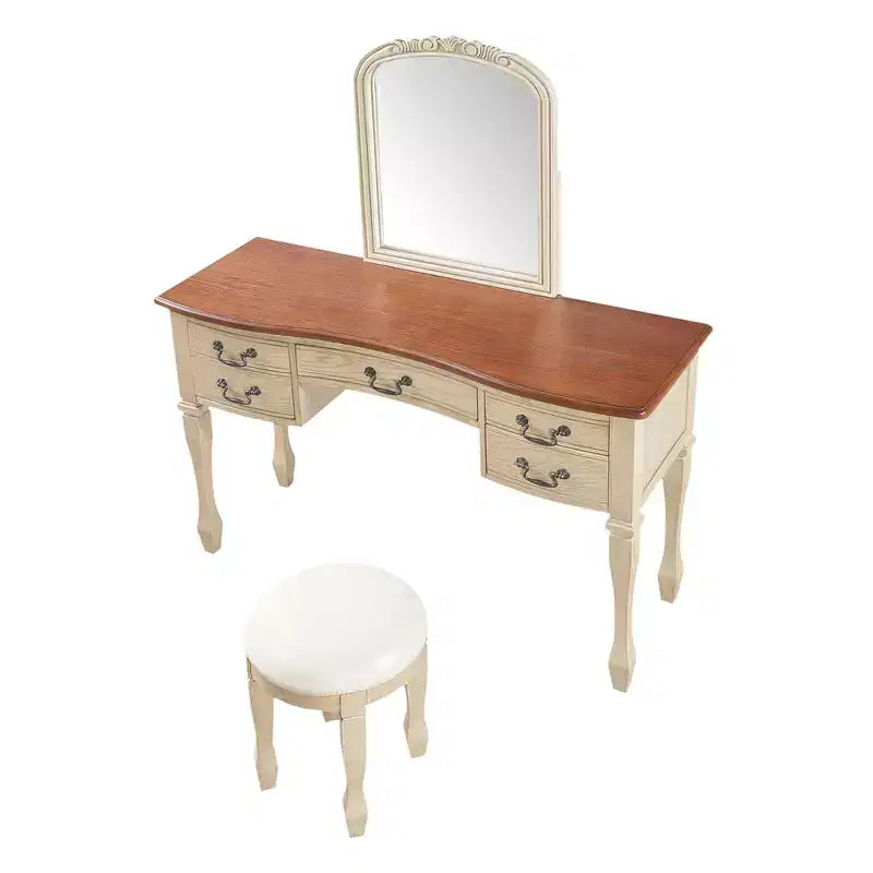 Coiffeuse Vintage avec Miroir à Cadre Floral Courbé, 5 Tiroirs et Tabouret en Cuir - Brun et Blanc Antique