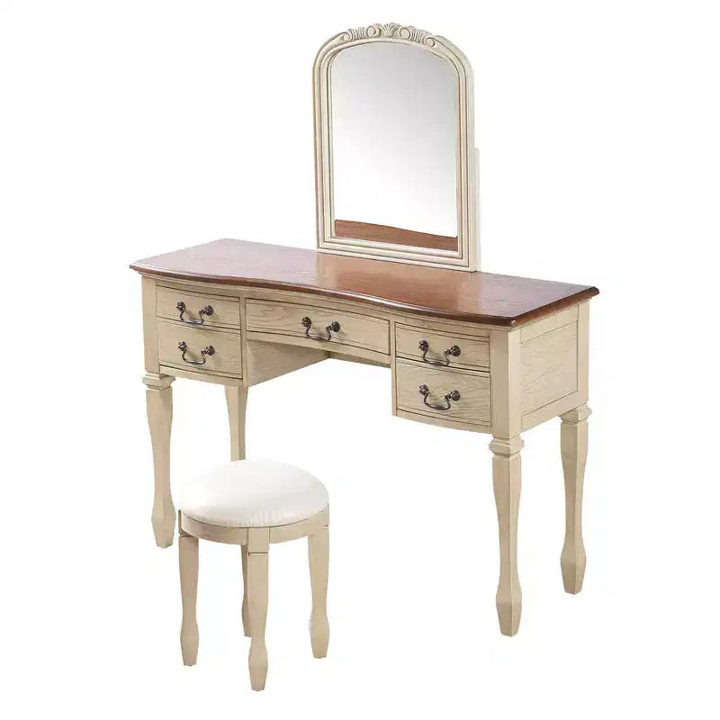 Coiffeuse Vintage avec Miroir à Cadre Floral Courbé, 5 Tiroirs et Tabouret en Cuir - Brun et Blanc Antique
