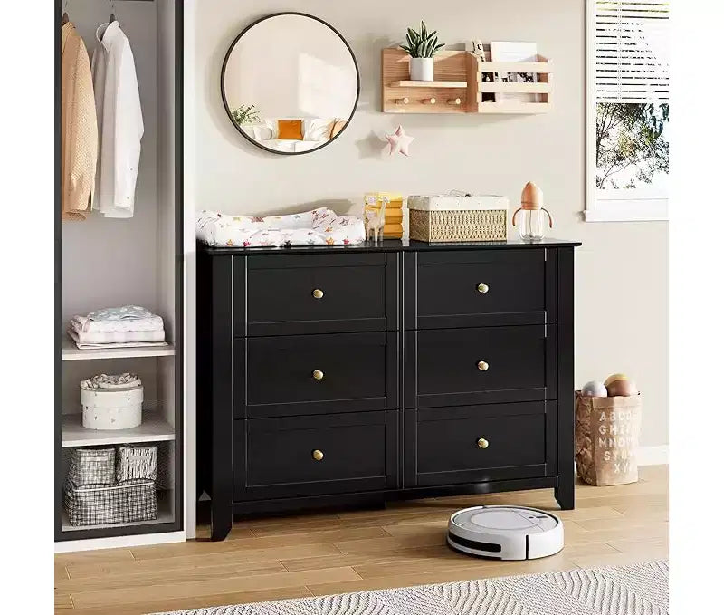 Commode à 6 tiroirs pour chambre à coucher, grande commode de 54 pouces de large avec tiroirs profonds et poignées en métal, commodes modernes en bois pour entrée, couloir